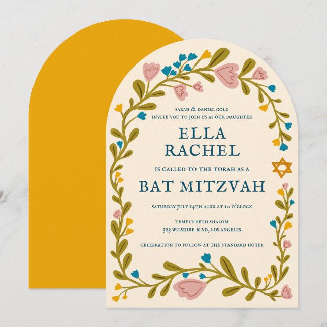 Floral Wreath Bat Mitzvah Hand-drawn Custom Arch Invitation (Front/Back)