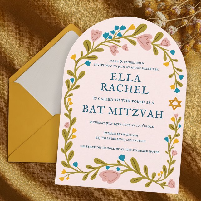Floral Wreath Bat Mitzvah Hand-drawn Custom Arch Invitation (Floral Wreath Bat Mitzvah Hand-drawn Custom Arch Invitation
)