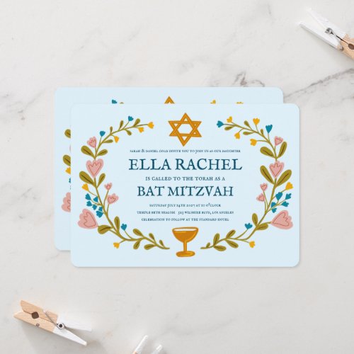 Floral Wreath Bat Mitzvah Hand-drawn Custom 