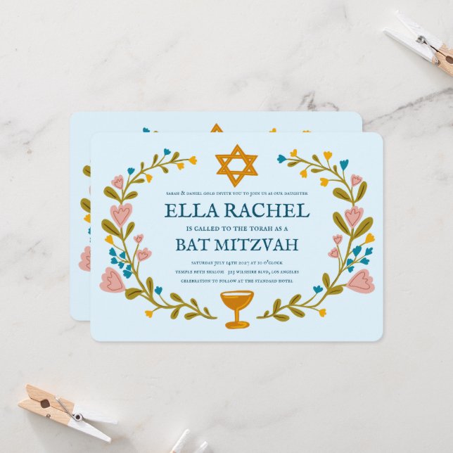 Floral Wreath Bat Mitzvah Hand-drawn Custom  Invitation (Front/Back In Situ)