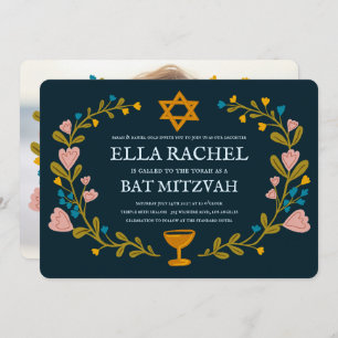 Floral Wreath Bat Mitzvah Hand-drawn Custom Invitation