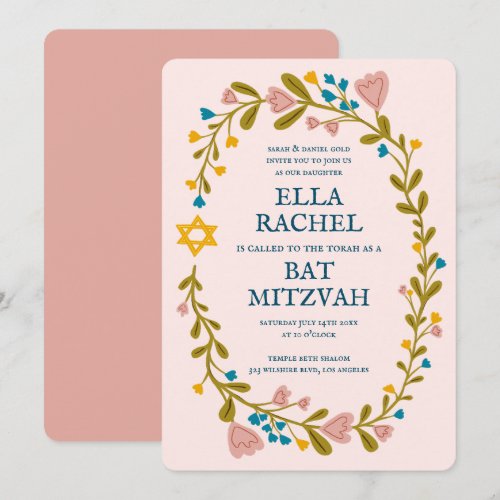 Floral Wreath Bat Mitzvah Hand-drawn Custom