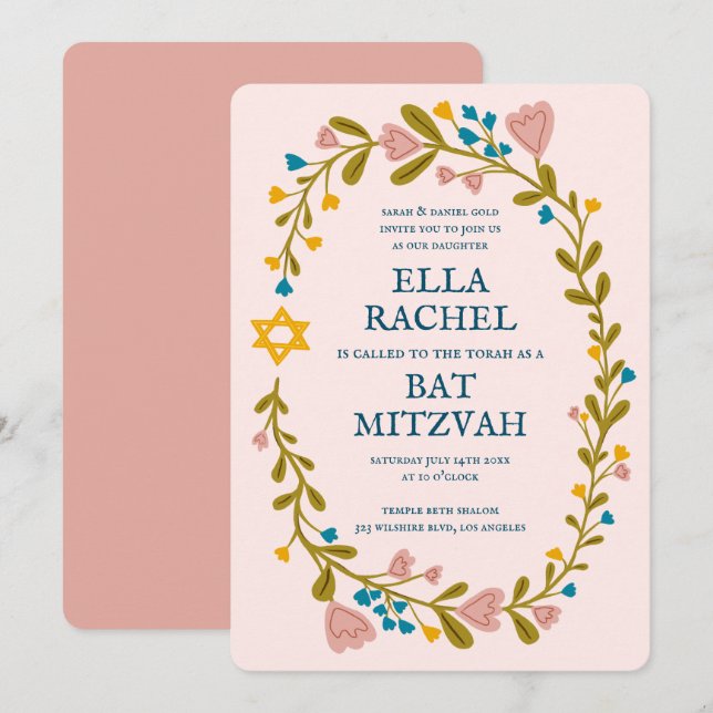 Floral Wreath Bat Mitzvah Hand-drawn Custom Invitation (Front/Back)