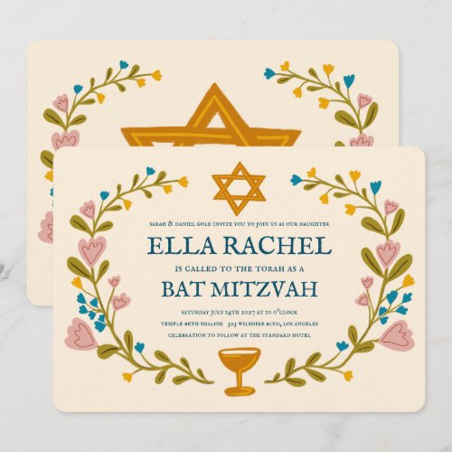 Floral Wreath Bat Mitzvah Hand-drawn Custom 