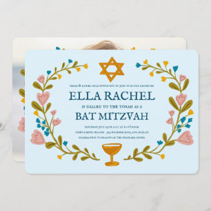 Floral Wreath Bat Mitzvah Hand-drawn Custom Invitation