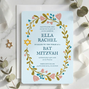 Floral Wreath Bat Mitzvah Hand-drawn Custom Invitation