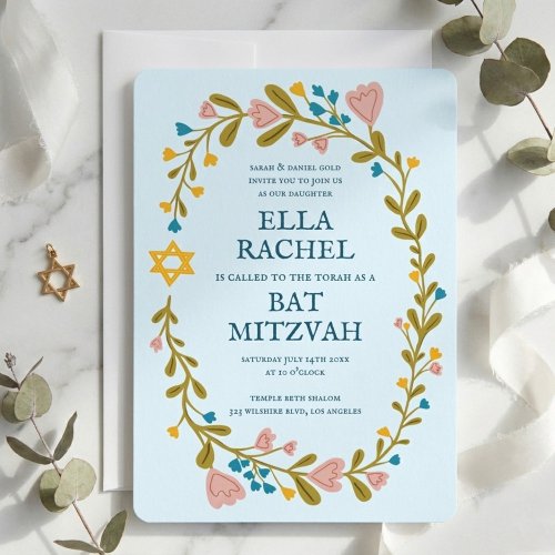 Floral Wreath Bat Mitzvah Hand-drawn Custom