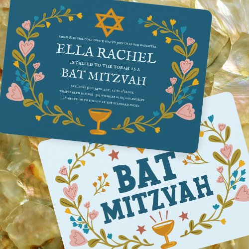 Floral Wreath Bat Mitzvah Hand-drawn Custom 