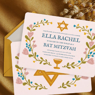 Floral Wreath Bat Mitzvah Hand-drawn Custom Invitation