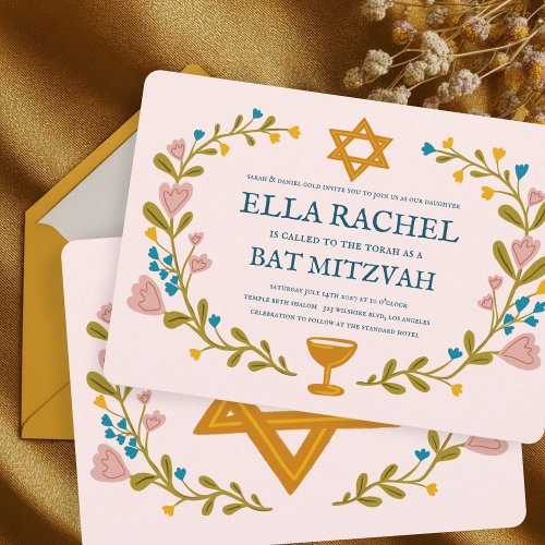 Floral Wreath Bat Mitzvah Hand-drawn Custom 