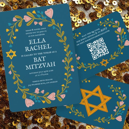 Floral Wreath Bat Mitzvah Hand-drawn Custom