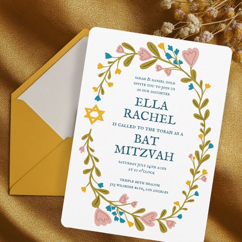 Floral Wreath Bat Mitzvah Hand-drawn Custom
