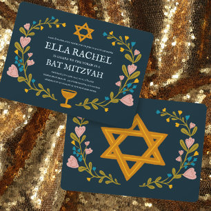 Floral Wreath Bat Mitzvah Hand-drawn Custom Invitation