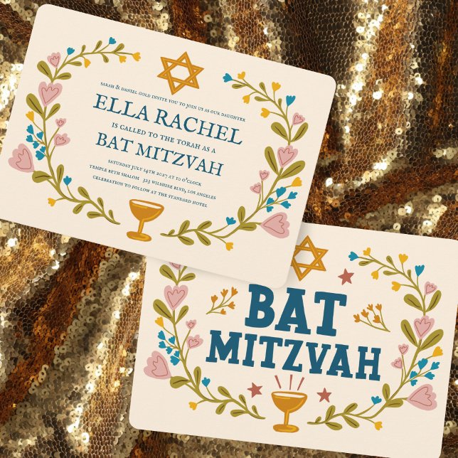 Floral Wreath Bat Mitzvah Hand-drawn Custom  Invitation (Floral Wreath Bat Mitzvah Hand-drawn Custom Invitation
)