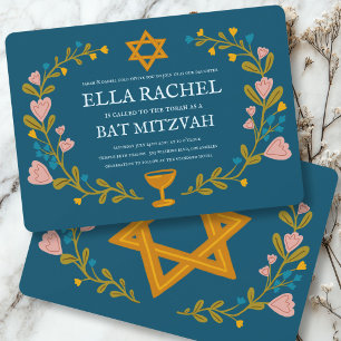 Floral Wreath Bat Mitzvah Hand-drawn Custom Invitation
