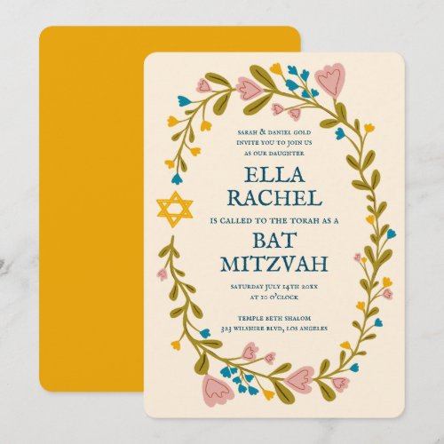 Floral Wreath Bat Mitzvah Hand-drawn Custom