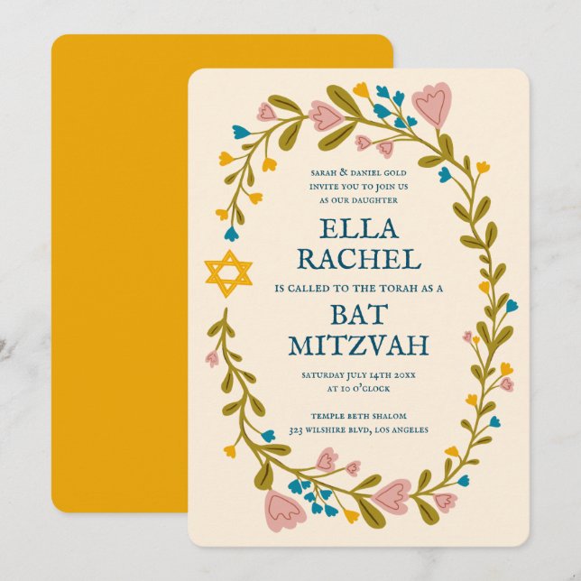 Floral Wreath Bat Mitzvah Hand-drawn Custom Invitation (Front/Back)