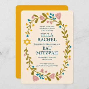 Floral Wreath Bat Mitzvah Hand-drawn Custom Invitation
