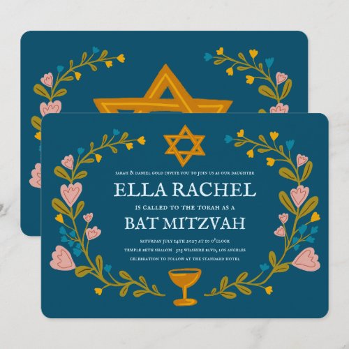 Floral Wreath Bat Mitzvah Hand-drawn Custom 