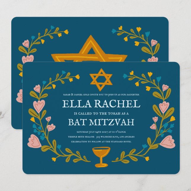 Floral Wreath Bat Mitzvah Hand-drawn Custom  Invitation (Front/Back)