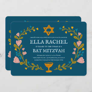 Floral Wreath Bat Mitzvah Hand-drawn Custom Invitation