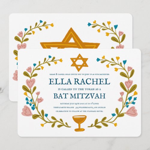 Floral Wreath Bat Mitzvah Hand-drawn Custom 