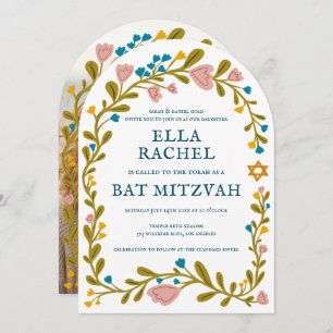 Floral Wreath Bat Mitzvah Hand-drawn Custom PHOTO Invitation