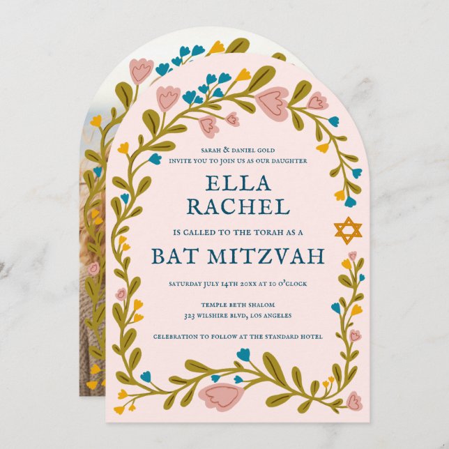 Floral Wreath Bat Mitzvah Hand-drawn Custom PHOTO Invitation (Front/Back)