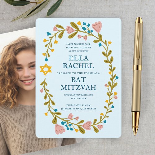 Floral Wreath Bat Mitzvah Hand-drawn Custom Photo