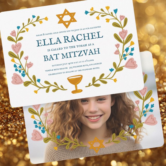 Floral Wreath Bat Mitzvah Hand-drawn Custom Photo Invitation (Floral Wreath Bat Mitzvah Hand-drawn Custom Photo Invitation
)