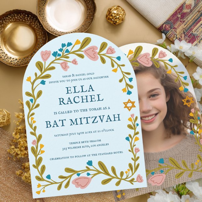 Floral Wreath Bat Mitzvah Hand-drawn Custom PHOTO Invitation (Floral Wreath Bat Mitzvah Hand-drawn Custom PHOTO Invitation
)