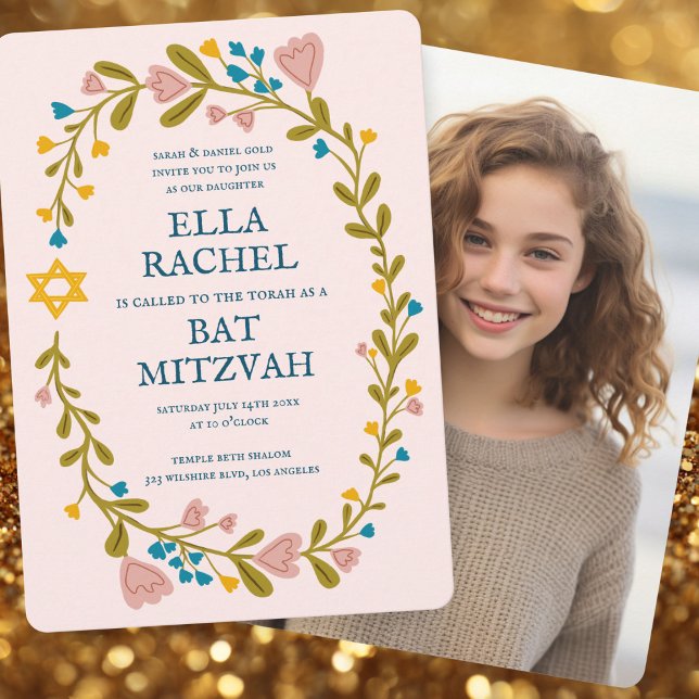 Floral Wreath Bat Mitzvah Hand-drawn Custom Photo Invitation (Floral Wreath Bat Mitzvah Hand-drawn Custom Photo Invitation
)