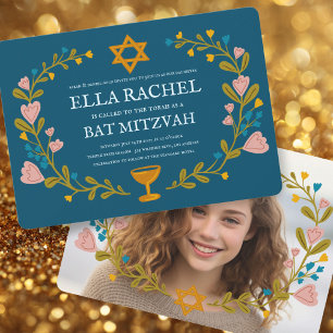 Floral Wreath Bat Mitzvah Hand-drawn Custom Photo Invitation