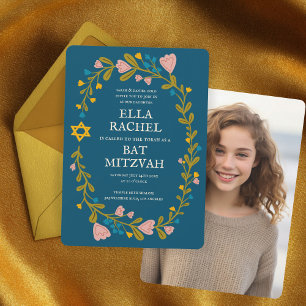 Floral Wreath Bat Mitzvah Hand-drawn Custom Photo Invitation