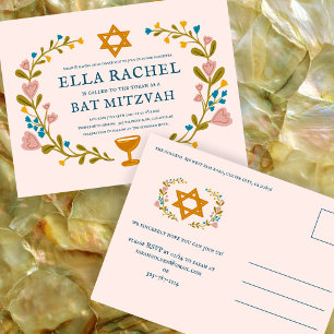 Floral Wreath Bat Mitzvah Hand-drawn Custom  Postcard