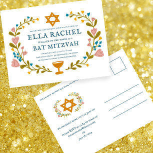 Floral Wreath Bat Mitzvah Hand-drawn Custom Postcard