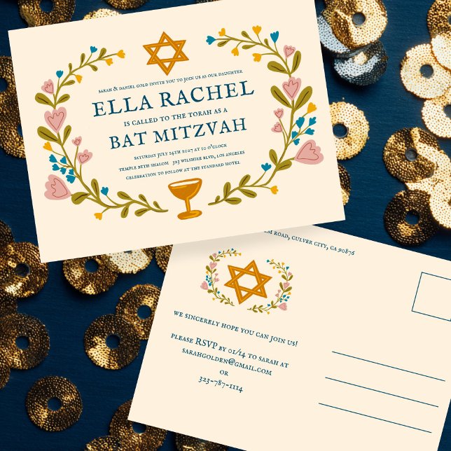 Floral Wreath Bat Mitzvah Hand-drawn Custom  Postcard (Floral Wreath Bat Mitzvah Hand-drawn Custom Postcard Invitation
)
