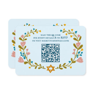 Floral Wreath Bat Mitzvah Hand-drawn Custom QRcode Enclosure Card