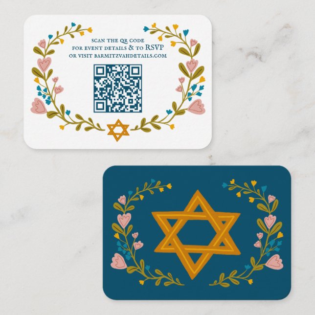 Floral Wreath Bat Mitzvah Hand-drawn Custom QRcode Enclosure Card (Front/Back)