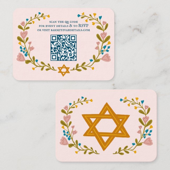 Floral Wreath Bat Mitzvah Hand-drawn Custom QRcode Enclosure Card (Front/Back)