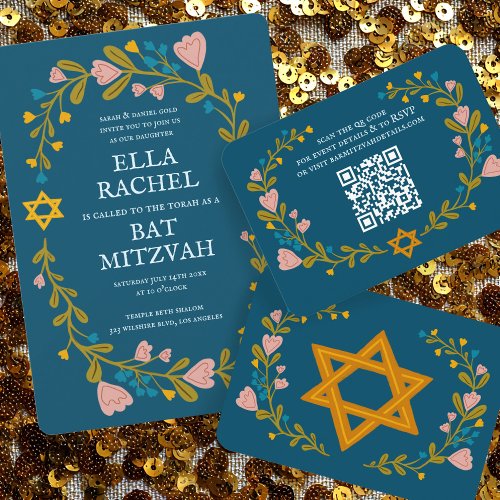 Floral Wreath Bat Mitzvah Hand-drawn Custom QRcode