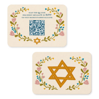 Floral Wreath Bat Mitzvah Hand-drawn Custom QRcode Enclosure Card