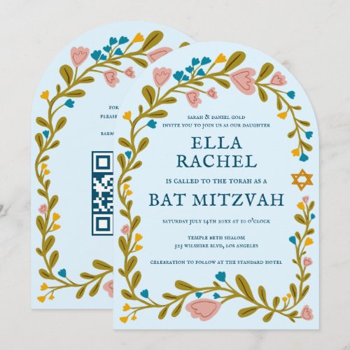 Floral Wreath Bat Mitzvah Hand-drawn Custom QRcode