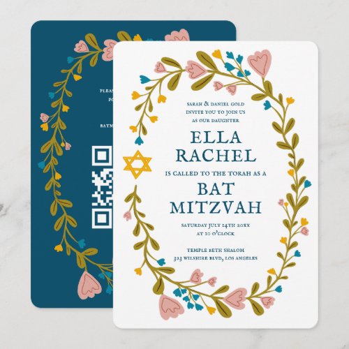 Floral Wreath Bat Mitzvah Hand-drawn Custom QRcode