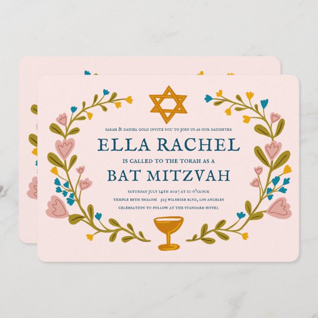Floral Wreath Bat Mitzvah Hand-drawn Custom QRcode Invitation (Front/Back)