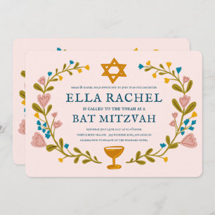 Floral Wreath Bat Mitzvah Hand-drawn Custom QRcode Invitation