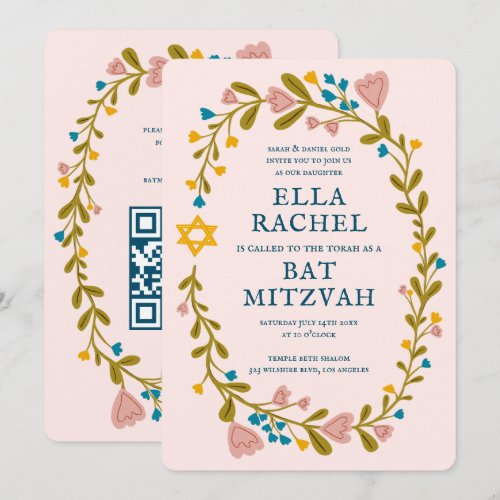 Floral Wreath Bat Mitzvah Hand-drawn Custom QRcode