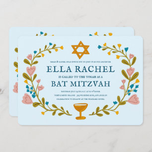 Floral Wreath Bat Mitzvah Hand-drawn Custom QRcode Invitation