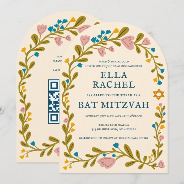 Floral Wreath Bat Mitzvah Hand-drawn Custom QRcode Invitation (Front/Back)