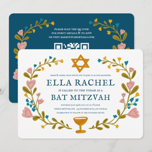 Floral Wreath Bat Mitzvah Hand-drawn Custom QRcode